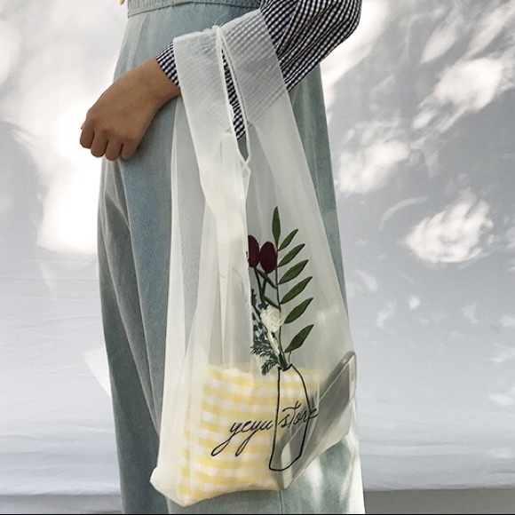 Floral mesh tote bag shoulder bag embroidery shooing bag white flower vase - Picture 4 of 5